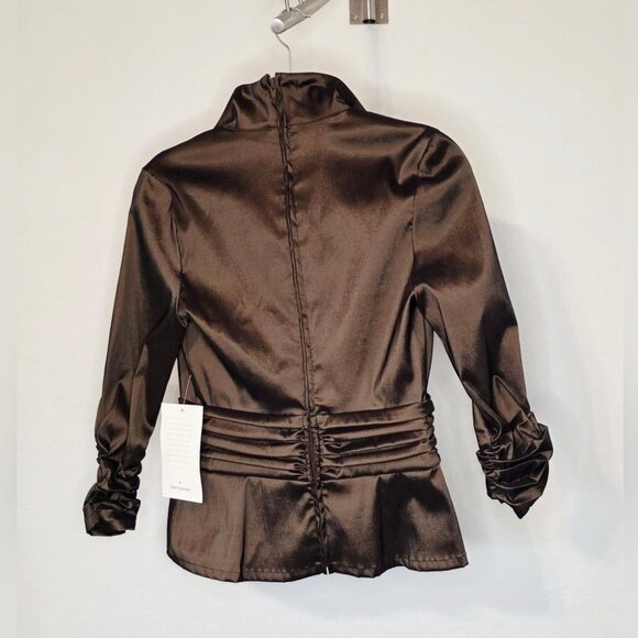 Tadashi Collection Chocolate Brown NWT Satin Blouse Sz 8 Ruched Cuffs Bow Detail - Picture 8 of 10